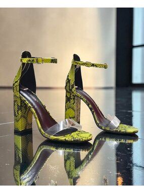 Green Snake Print Heeled Sandals With Clear Strap & Adjustable Ankle Buckle Bloc
